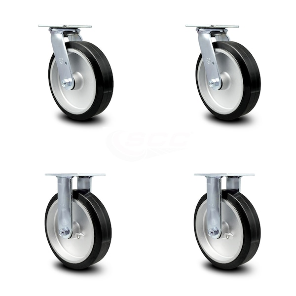 8 Inch Rubber on Aluminum Caster Set with Ball Bearings 2 Swivel 2 Rigid SCC